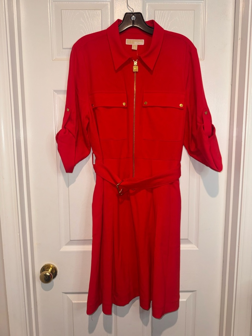 Michael Kors Red Zip-Front Midi Shirt Dress. Size XL. NWT